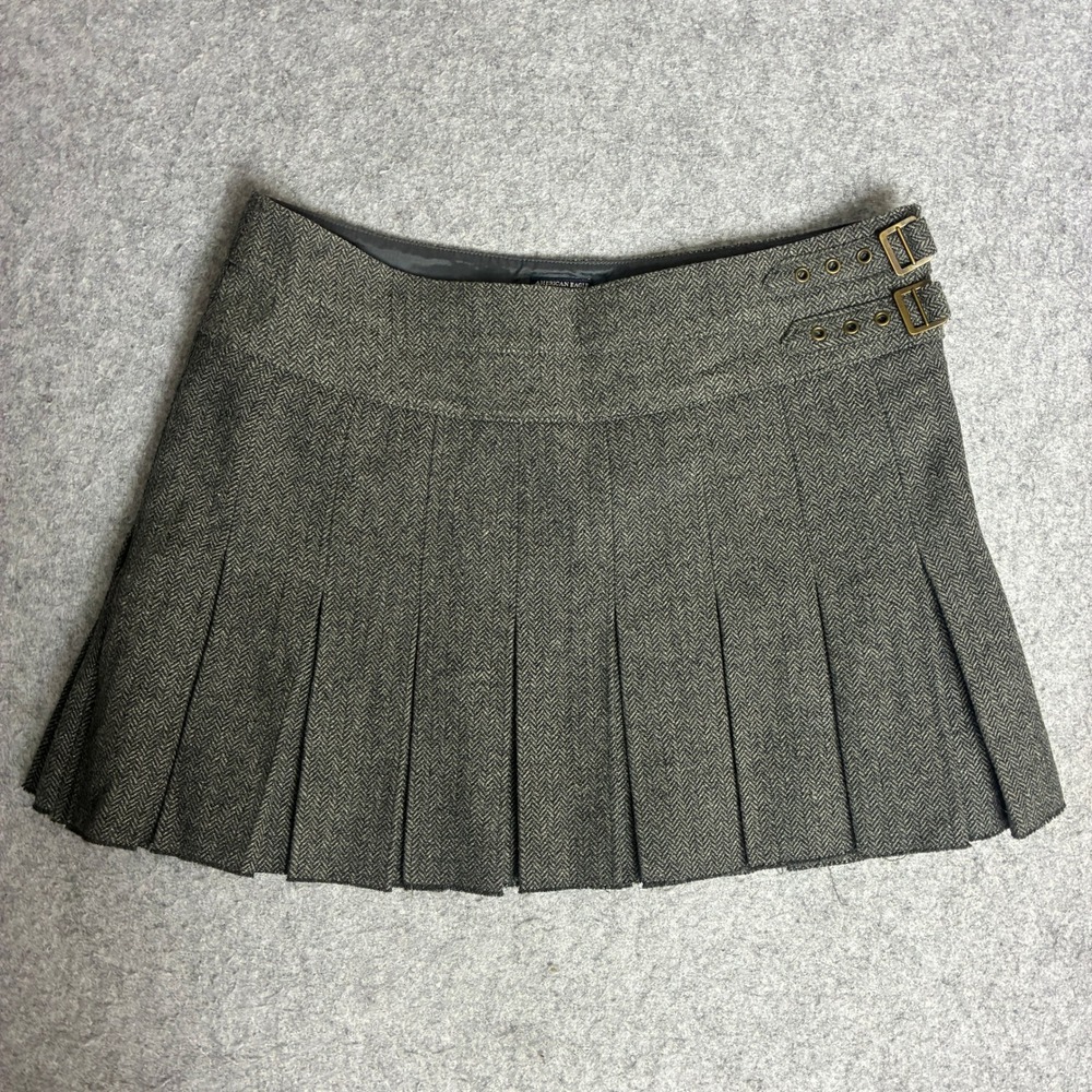 American Eagle Pleated Mini Skirt Womens 4 Grey Excellent Herringbone Wool Blend